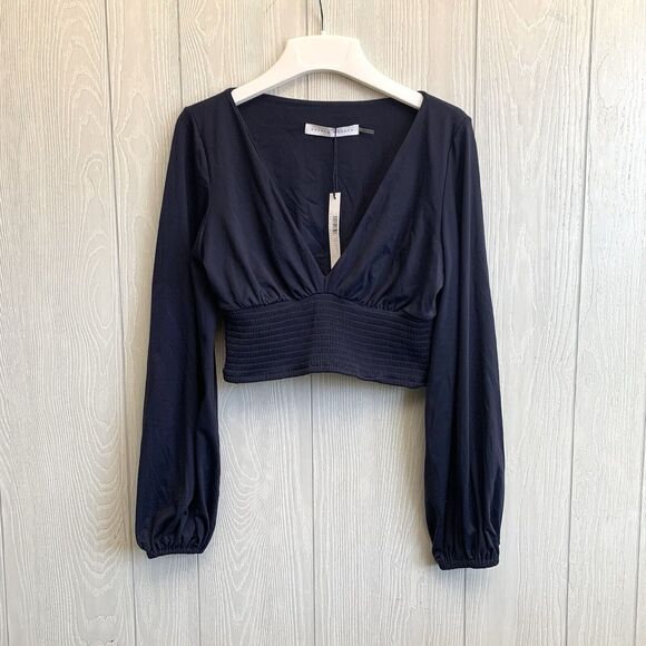 Susana Monaco Blue Balloon Sleeve Crop Top Plunge V-Neck Medium NWT - Picture 1 of 4
